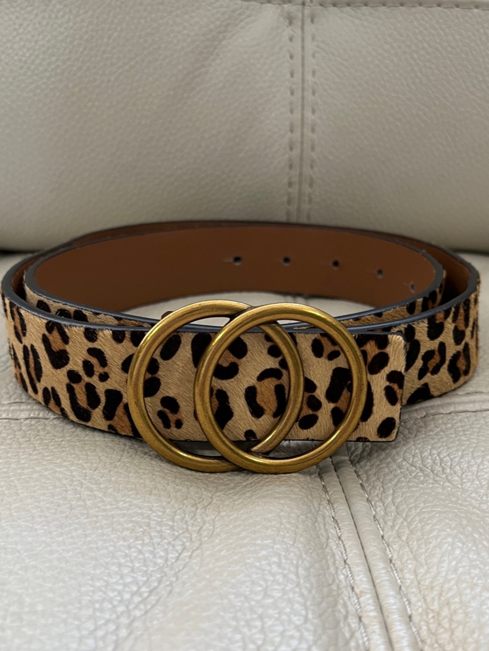 Loklik Leather Leopard Print Double-Ring Women's Belt - Tan/Black